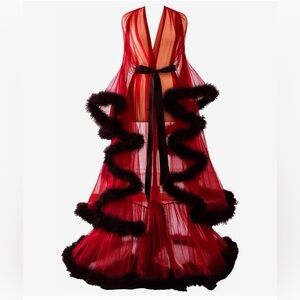 Feather Robe Long Fur Tulle Robe Sheer Lingerie red NWOT
